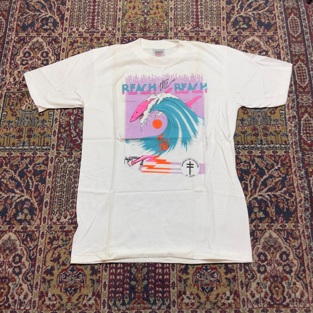 VTG 1991 Reach the Beach Shark Graphic T-Shirt Oneita Power-T White Large USA